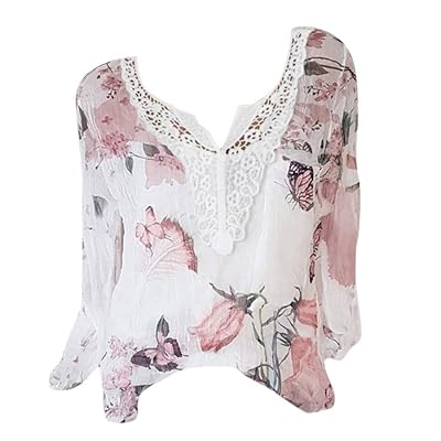 PEIZH Womens Button Chiffon V-Neck Top Casual Long Sleeve Loose Button Top Printed Blouse