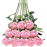 Tifuly Pink Roses Artificial Flowers - 12 pcs Realistic Single Long Stem Fake Silk Roses Bouquet for Party Home Wedding Centerpiece Office DIY Decor