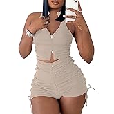 PYAEAS Summer Two Piece Outfits for Women, Casual Stretchy Ribbed Tank Crop Top Ruched Shorts Set Workout Tracksuits