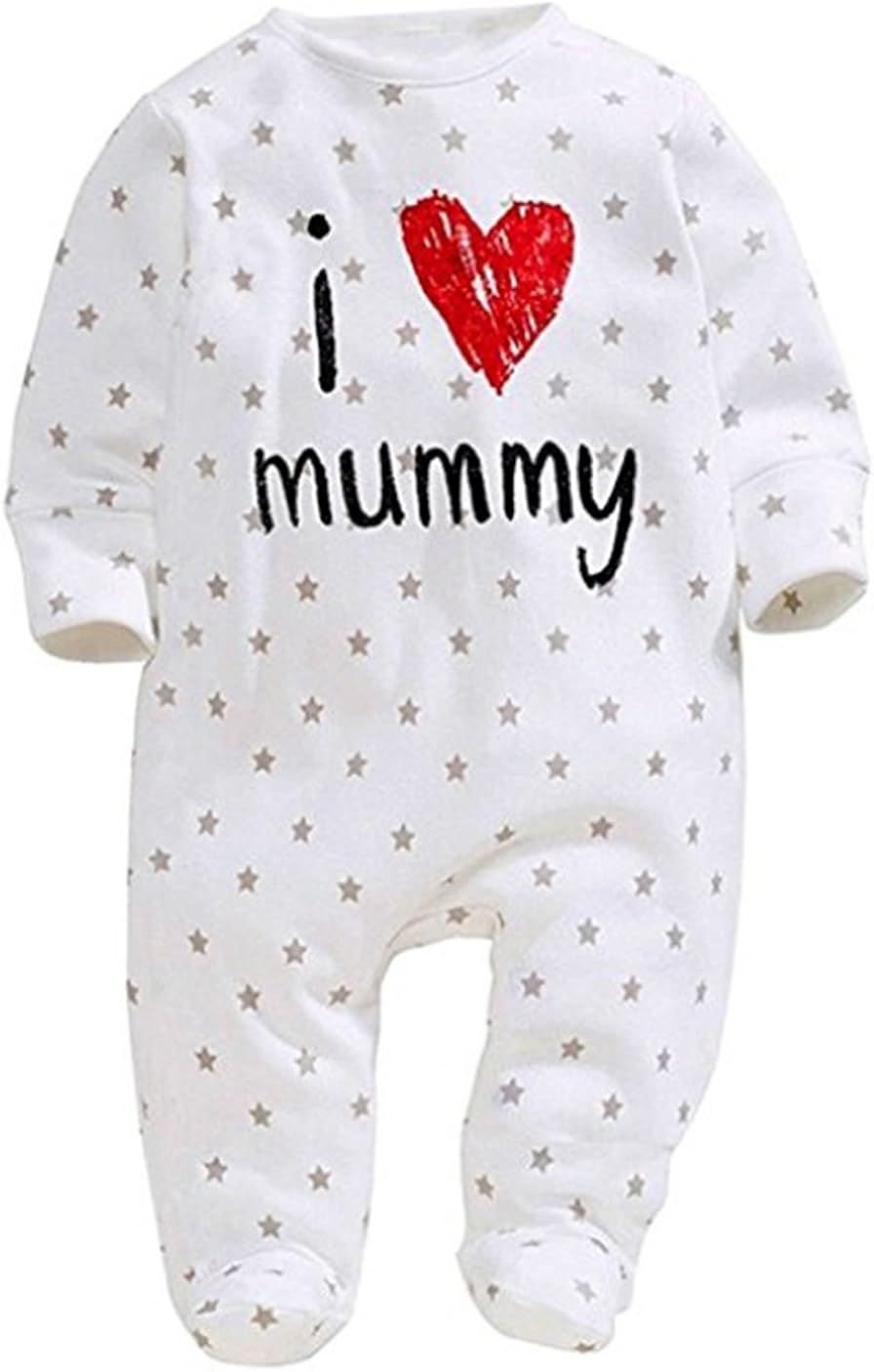 Newborn Baby Pure Cotton Long Sleeve Romper I Love Mommy Daddy Footed Jumpsuit