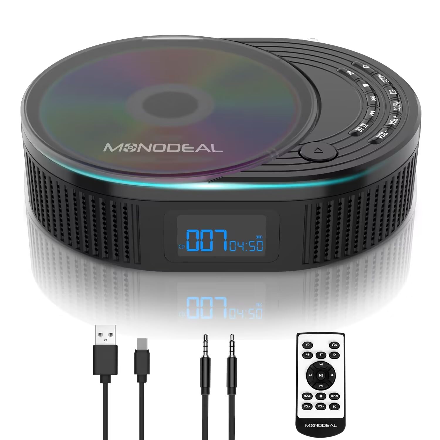 MONODEAL Portable CD Player Boombox with 2 * 3W Speakers, Bluetooth Transmitter & Speaker 2-in-1, FM Radio CD Player Combo for Car/Home, AUX/USB/MP3/WMA, Remote Control & Headphone Jack