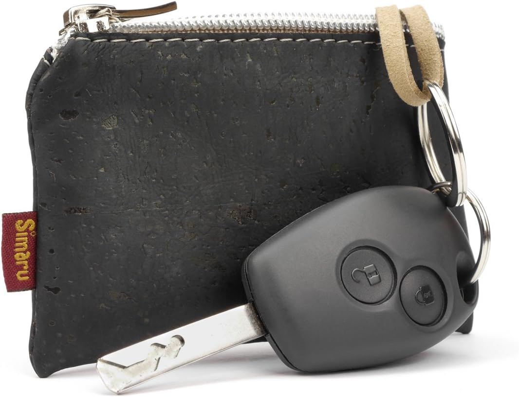 SIMARU Vegan Coin Pouch Keyring, Slim Zip Key Pouch with Card Holder Compartment (Brown), Black - Image 3