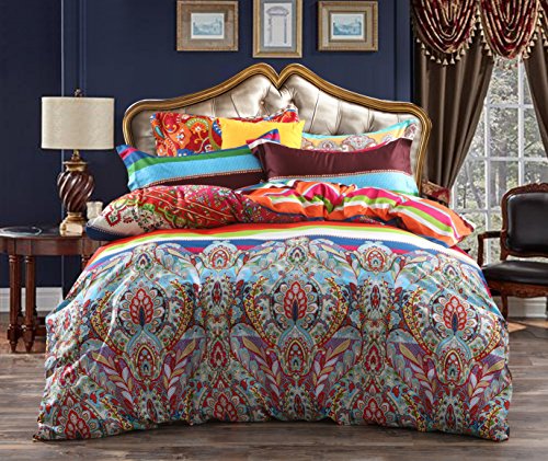 3-Piece Bohemian Ethnic Style Vibrant Color Bedding Sets/Collections,Morocco Boho Chic Stripe Pattern Duvet Cover Sets with Shams,Floral Print for Home Decor,Queen