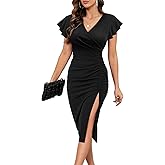 ihot 2026 Women's Sexy V Neck Ruffle Sleeve Side Slit Ruched Bodycon Faux Wrap Cocktail Party Wedding Guest Midi Dress