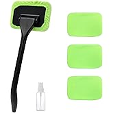 povtii Car Windshield Cleaning Tool, Microfiber Auto Window Cleaner Set with 4 Washable and Reusable Cloth Pad, Long Handle Glass Wiper Cleaning Kit with Spray Bottle, Car Accessories