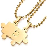 COOLSTEELANDBEYOND A Pair Stainless Steel Gold Color Puzzle Pendant Necklace for Lovers Couples Mens Womens Polished