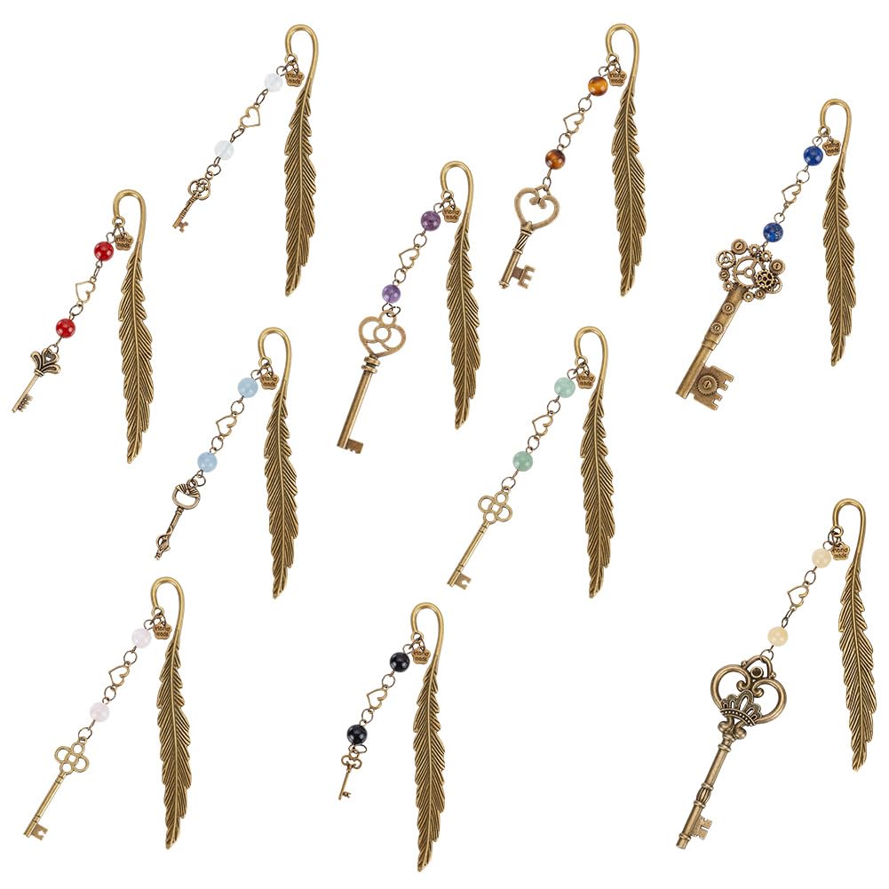 DELORIGIN 10pcs Feather Bookmarks, Metal Crystal Bookmarks Vintage Gemstone Beading Bookmarks Antique Bronze Key Book Markers for Reading Book Lovers Teacher's Day Delicate Gifts