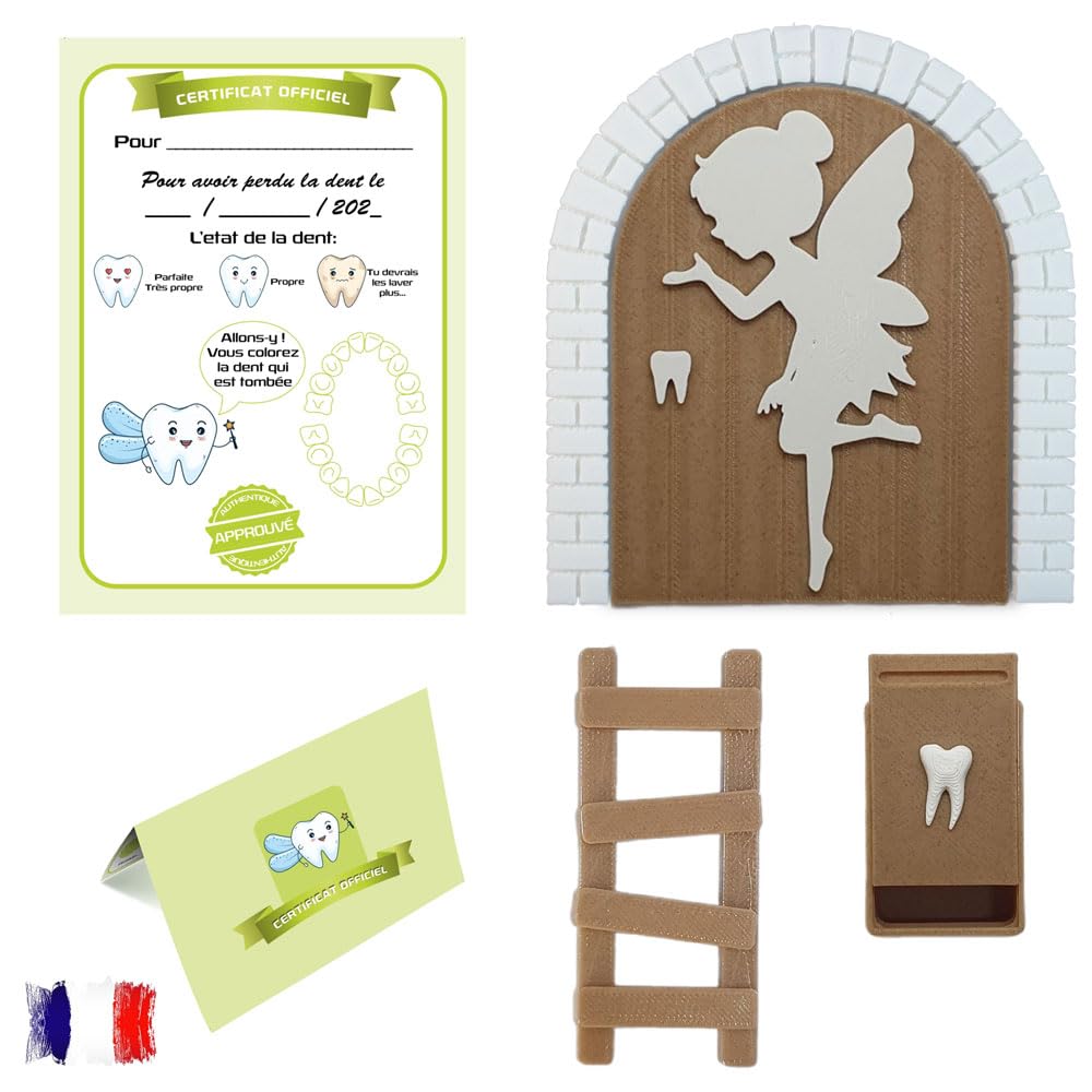 Myfuturshop® Tooth Fairy Magic Door – Tooth Box, Ladder and 4 Clean Tooth Certificates, French Version, Unique Gift for Boy and Girl, Awaken Magic! (Clear)