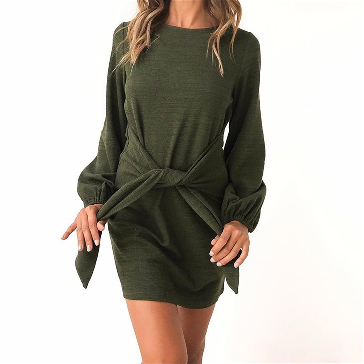 Tarkis Women Long Jumper Dress Puff Sleeve Stylish with Tie Front Pullover Dresses