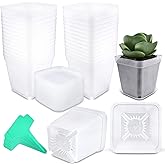 Business King Square Nursery Pots Plastic 28 pcs 3 inches with Saucers and Plant Labels Reusable Seedling Pots Frosted Starter Plant Pots Mini Planter for Indoor/Outdoor