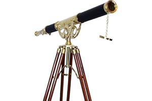 NAVIROCK Nautical Shiny Brass Vintage Marine Telescope Black Leather Coverd Single Barrel Brown Wooden Adjustable Floor Standing Tripod Antique Handmade