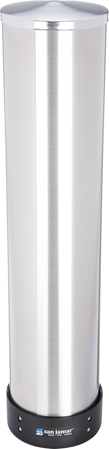 San Jamar C3500P Stainless Steel Pull Type Beverage Cup Dispenser, Fits 32oz to 46oz Cup Size, 4" to 4-7/8" Rim, 23-1/2" Tube Length