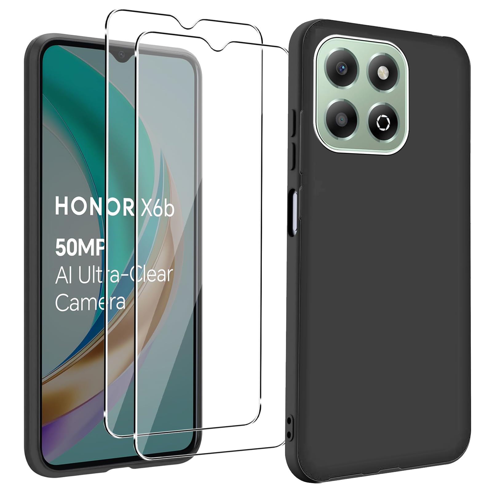 KZIOACSH Case for Honor X6b, Flexible Ultra Slim Drop Protection Anti-Scratch Rugged Phone Cover Silky-Soft Touch Matte TPU Shockproof Bumper Cover with 2 Tempered Glass Screen Protector Black