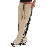 Fisoew Womens Wide Leg Pants Drawstring High Waisted Striped Baggy Palazzo Track Pants with Pockets