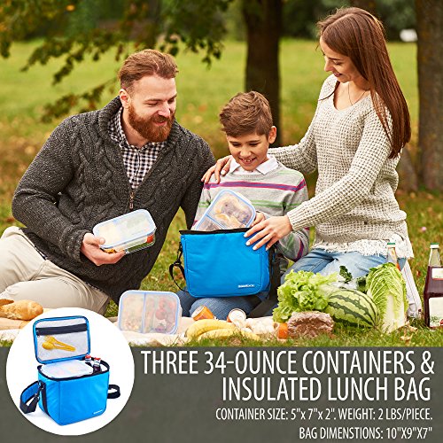 3 Pack Glass Meal Prep Containers 2 Compartment BPA Free Leakproof Glass Food Storage Containers Airtight Locking Lids Bento Lunch Box Containers Set in Large Insulated Thermal Cooler Meal Prep Bag