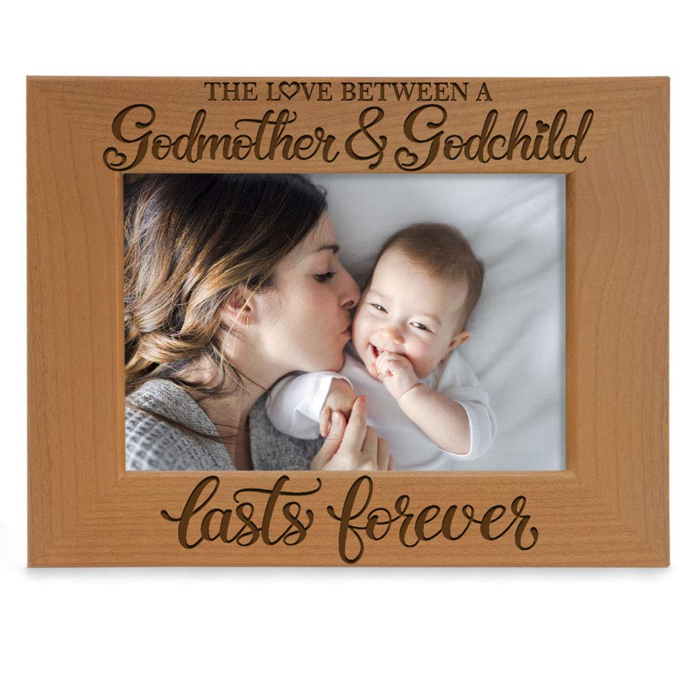 KATE POSH The Love Between a Godmother and Godchild is Forever. Baptism Gifts, Gifts from Goddaughter, from Godson on My Baptism Day. Engraved Natural Wood Picture Frame (5x7-Horizontal)
