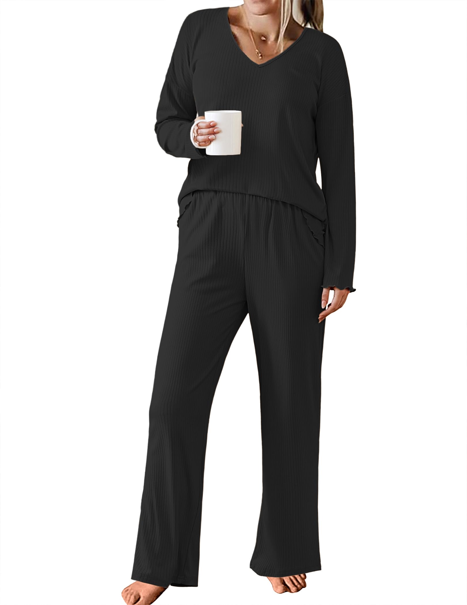 Photo 1 of Ekouaer Womens Ribbed Knit Pajamas Set V Neck Long Sleeve Pj Set 2 Piece Loungewear Casual Sleepwear Dark Black M