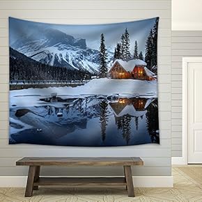 Winter Landscape with Cabin Hut at Night - Fabric Wall Tapestry Home Decor - 51x60 inches