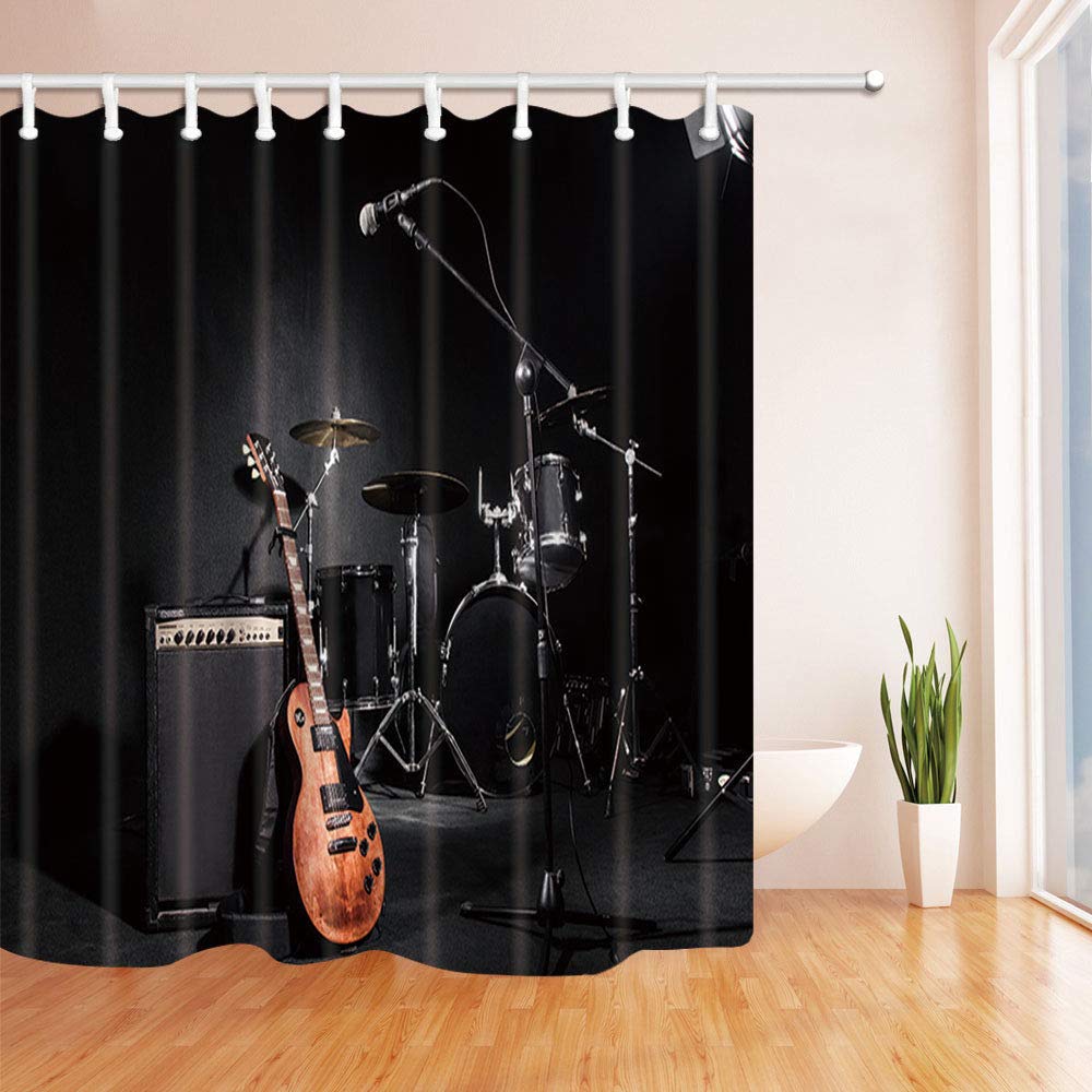 Shower Curtains Guitar Rack Drums Spotlight Decor Black Waterproof