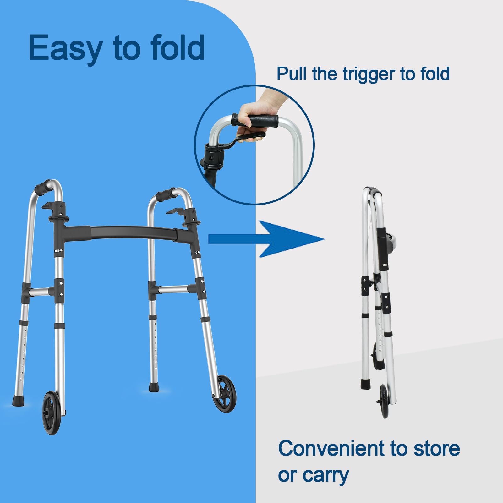 Loyoda Walkers for Seniors, Folding Walker with Ski Glides 5'' Front Wheel Medical Lightweight Walker Height Adjustable Aluminum Standard Walker for Handicap and Adults (Silver)