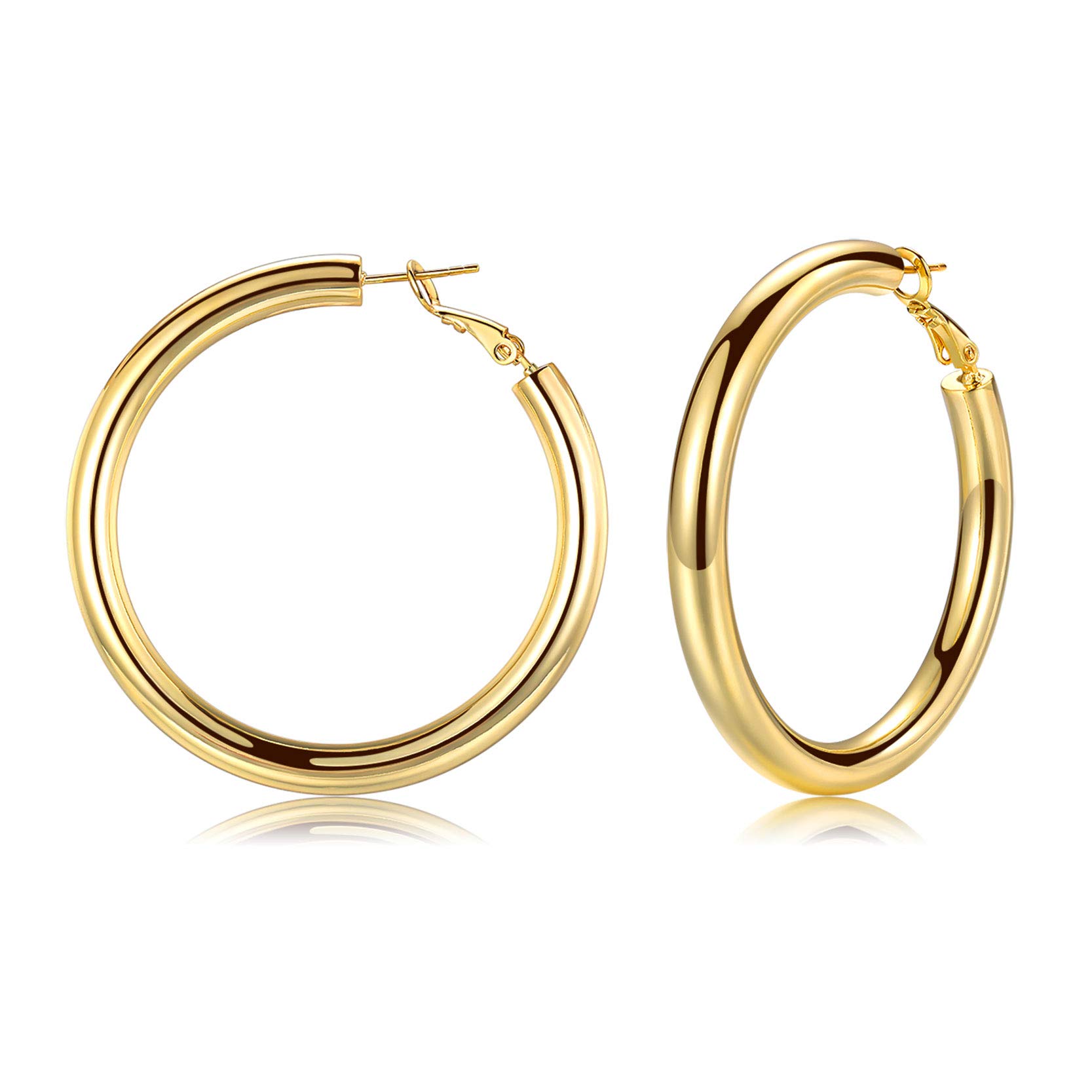 Silver Hoop Earrings for Women, 14k Gold Plated Chunky Lightweight Hoop Earrings, 5mm Thick Hoops | Tube Loop Earrings Jewelry Gifts for Girls, 50mm