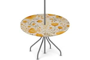 Yeahhhlife Outdoor Tablecloth with Umbrella Hole, Yellow Flowers Spring Waterproof Round Patio Table Cover, Wipeable Outdoor 