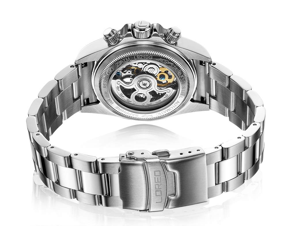 LOREO Mens Automatic Watch Silver Stainless Steel Sapphire Glass Ceramic Bezel Date Military Diving Waterproof Watch