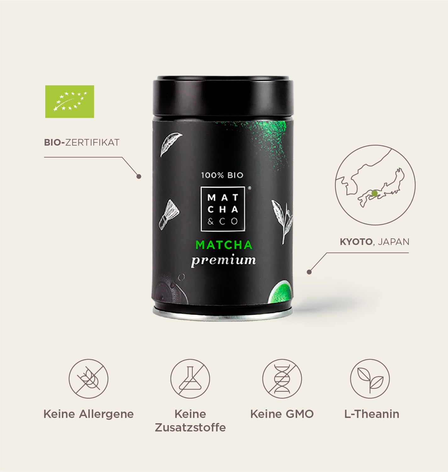 Premium Matcha Tee. Zeremonienqualität aus Uji, Japan. 30 g Bio-Grünteepulver. 3