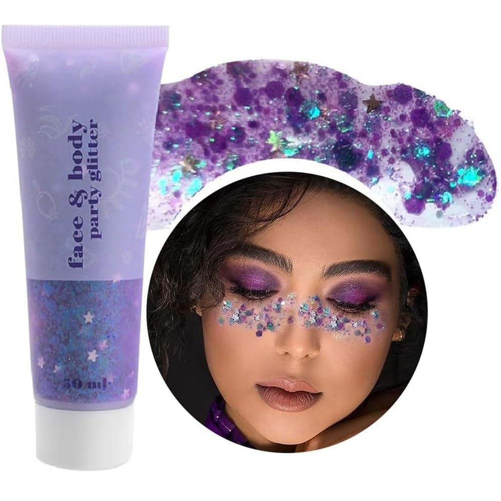 Beliky Girl Body Glitter Gel, 50ml Face Glitters Body Sequins Shimmer Liquid Eyeshadow, Mermaid Sequins Liquid Holographic Glitter Gel, Chunky Glitters for Eye Hair Nail DIY Art(Purple)