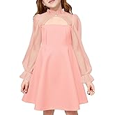 Haloumoning Girls Dresses Contrast Mesh Puff Long Sleeve Dress Kids High Waist A Line Wedding Party Dress 5-14Y