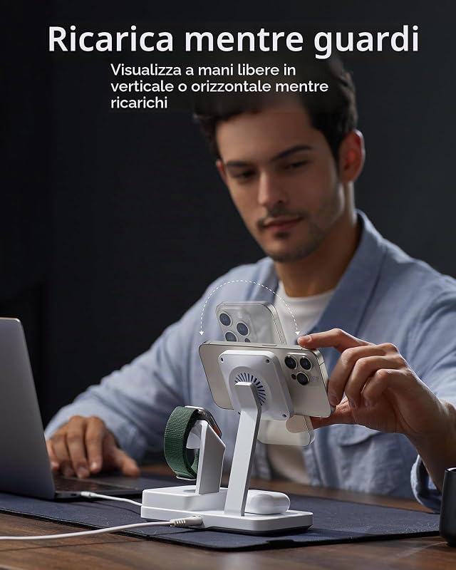 Stazione di Ricarica GaN 100W con CryoBoost 6-in-1, Adatto alla Ricarica MagSafe, Caricatore Wireless Magnetico per iPhone 15/14/13/12, Apple Watch, AirPods Pro/3/2 e dispositivi USB-C/A, Bianco
