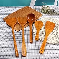 Teerwere Kitchenware Set Organic Bamboo Cooking Serving Utensil Set Wooden Shovel Wooden Spoon Kitchen Cooking Shovel Spoon Set 5pcs Cookware Spoon Stainless Steel Set