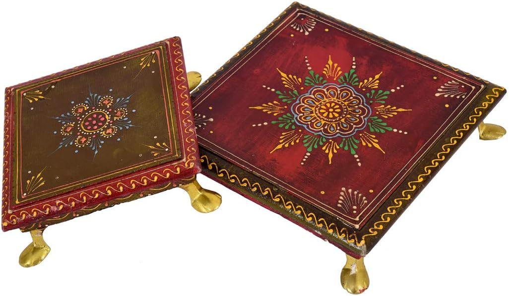 UMHISHOP Wood Square Lakshmi Chowki for Placing God Idols (Multi_8 Inch X 8 Inch X 2 Inch)