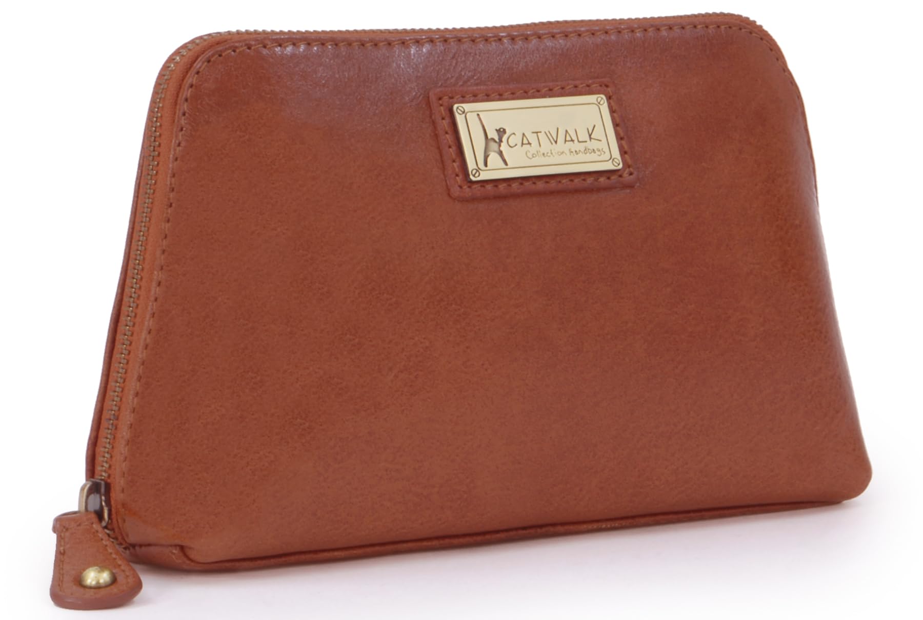 Catwalk Collection Handbags - Women's Leather Cosmetic Bag - Medium Travel Makeup Pouch - Make-Up Case - Emma - Tan