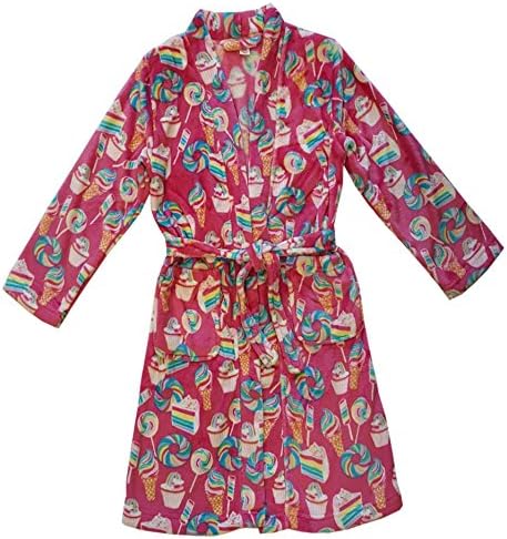 Candy Pink Girl's Print Plush Fuzzy Loungewear Robe with Pockets (14/16, Rainbow Food)