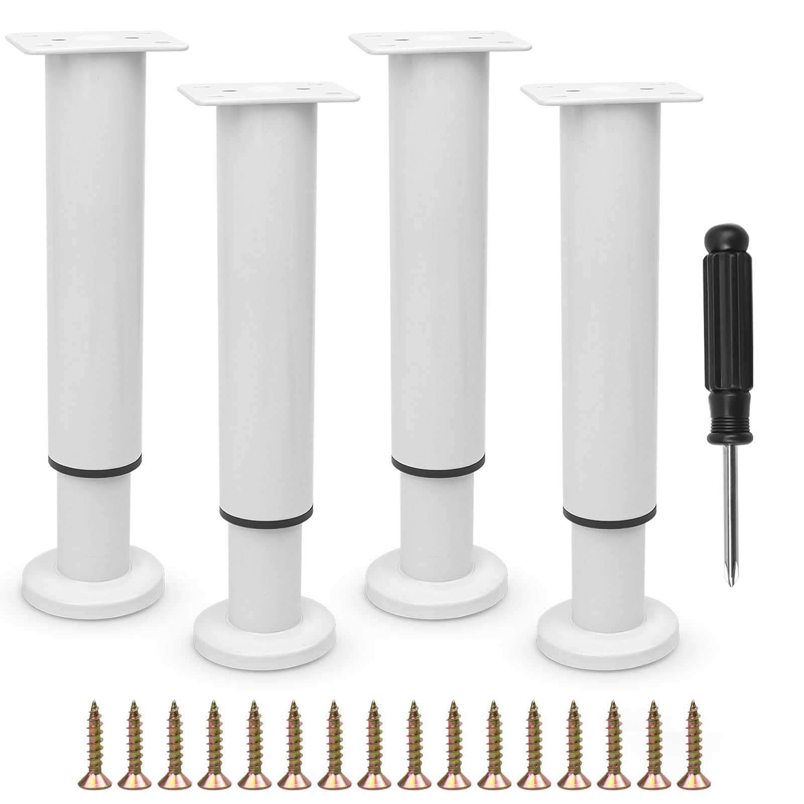 Furniture Adjustable Legs, Metal Bed Support Leg Central Slat Frame Couch Replacement Support Leg Part Heavy Duty Furniture Foot with Screwdriver for Cabinet/Dresser/Table/Sofa 18-32cm (White 4 Pcs)