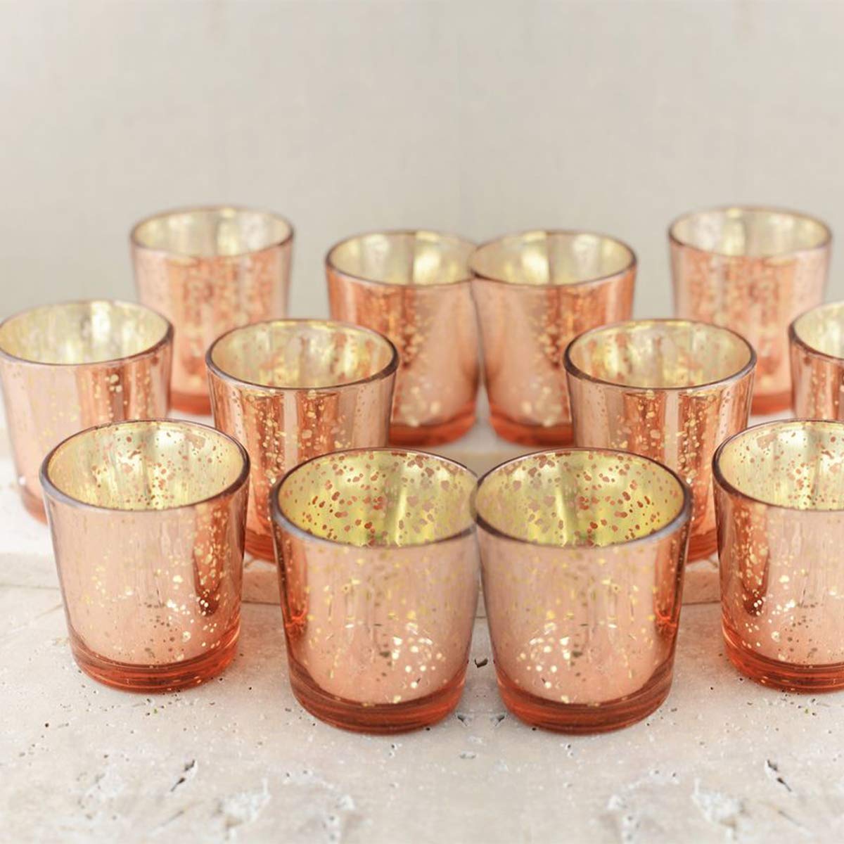 Glass Votive Candle Holders 2.64 Inches H (Set of 12, Speckled Rose Gold) - For Use with Tealights, Parties, Weddings，Spa，Aromatherapy and Home Decor