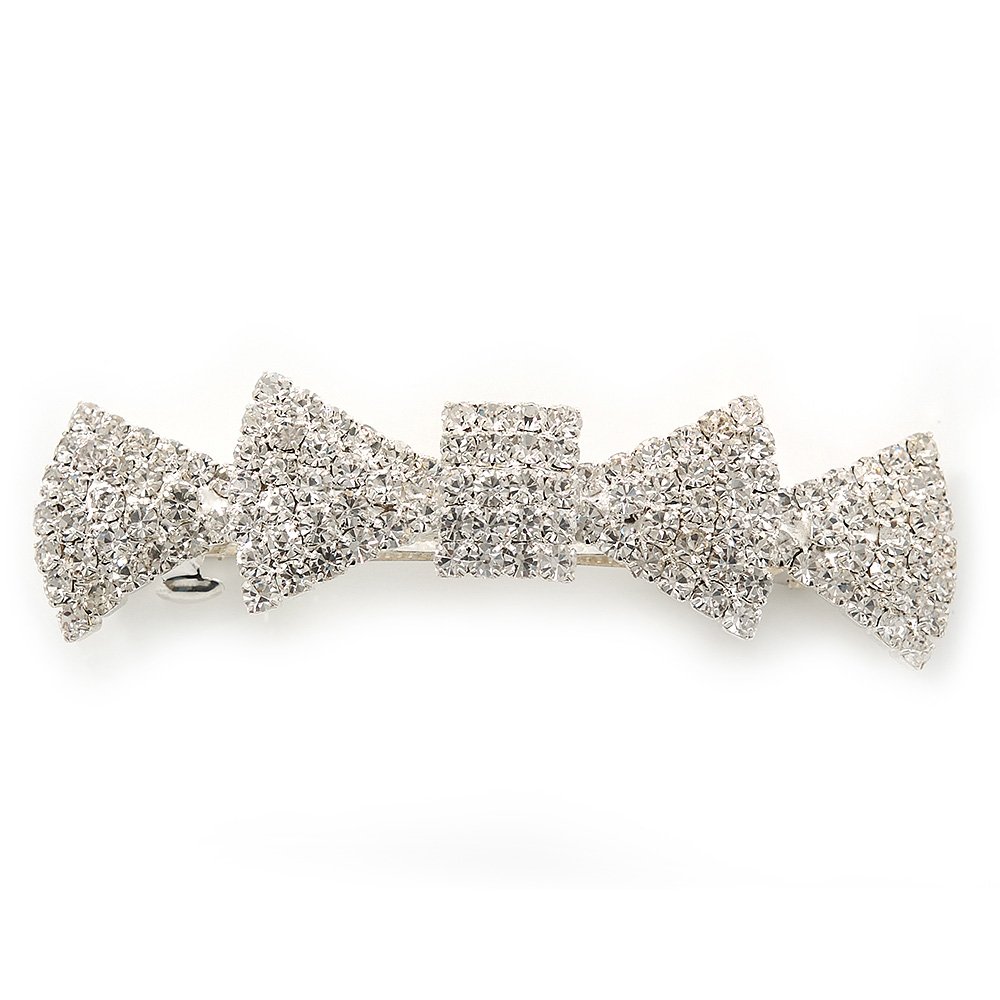 Bridal Wedding Prom Silver Tone Pave-set Diamante 'Bow' Barrette Hair Clip Grip - 85mm Across