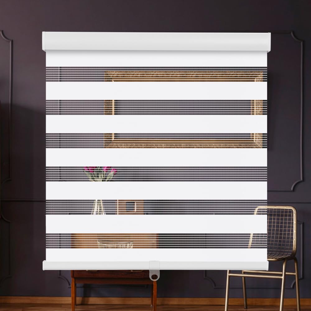 Photo 1 of SMONTER Cordless Zebra Blinds for Windows Zebra Roller Shades with Metal Valance Free Stop Dual Layer Sheer Blinds Day Night Privacy Light Filtering, W42 x H72, White