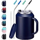 50 oz Mug Tumbler with Handle and Straw - 2-in-1 Lid, Insulated Metal Iced Coffee Thermal Cup, Stainless Steel Water Mugs, Double Wall Vacuum Water Cups Keep Cold-36H Hot-24H, 50oz Large Flask Jug