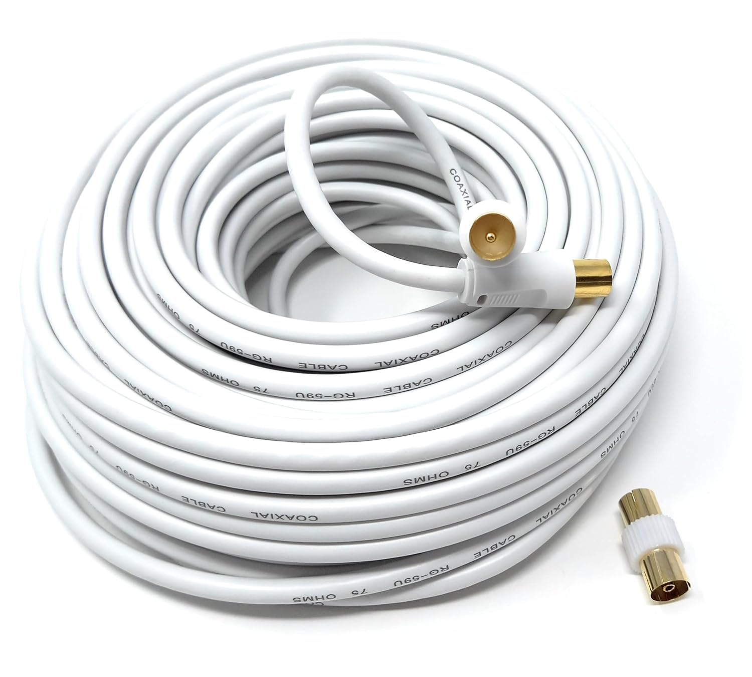 DRUT 40m TV RF Male to Male Aerial Antenna Coaxial Cable With Female to Female Coupler, Gold Connectors 75 ohm, 3C2V 131ft White