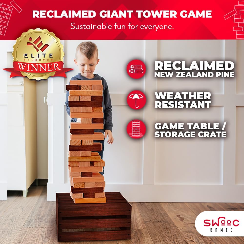 SWOOC Games - Reclaimed Giant Tower Game (Weather Resistant) 60 Blocks + Storage Crate/Outdoor Game Table | Stacks up to 5ft | Giant Outdoor Tower for Adults | Large Yard Activity | Jumbo Lawn Fun