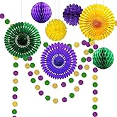 Decor365 Gold Purple Green Mardi Gras Party Decorations Glitter Circle Garlands Banner Hanging Paper Fan Tissue Pompoms Fat Tuesday Mardi Gras Birthday Bachelorette Bridal Cavinal Party Decor
