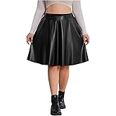 WDIRARA Women's Plus Size High Waist PU Leather Skirt Knee Length Flared A Line Skirt