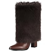 QLR Womens 3.3-inch Chunky Mid Calf Fur Heel Boots Furry Fuzzy Fluffy Pointed Toe Boots for Women Short Wide Calf Fall Winter Snow Fold Over Boot with Side Zipper