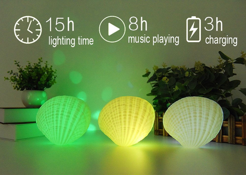 Shell LED Night Light Bluetooth Speaker-Qoolife 2-in-1 Functional USB Rechargeable Colorful Shell Music Lamp Music Desk Light for Children Room Home Decor