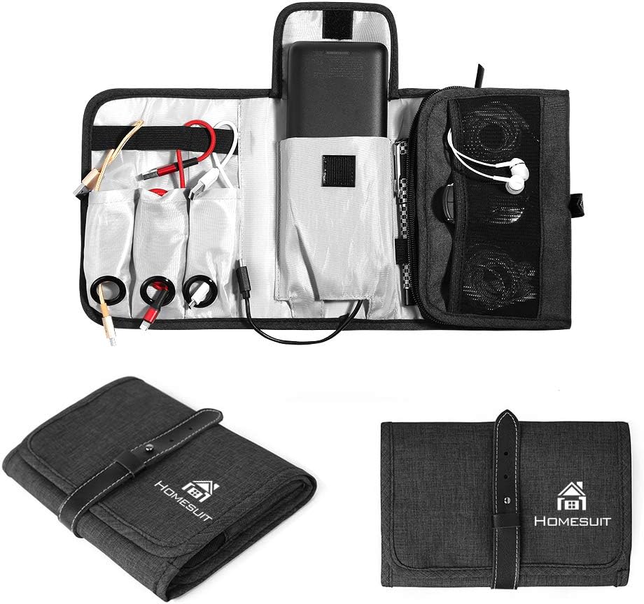 Homesuit Travel Gadgets Organizer Bag, Universal Electronic Accessories Cable Roll-Up Pouch Portable Gear Storage Carrying Case for Charger Cords SD Memory Cards Earphone Hard Drive –Grey