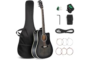 GLARRY Full Size 6 Strings Acoustic Electric Guitar Beginner Kit, Cutaway 41 Inch Electric Acoustic Guitar w/Inbuilt Tuner, Bag, Strap, Picks, Strings, Basswood Guitarra, Matte Distressed Black