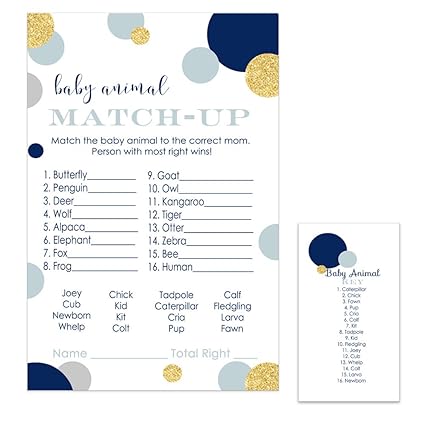 Amazon Com Navy And Gold Baby Shower Games Animal Match Cards Set