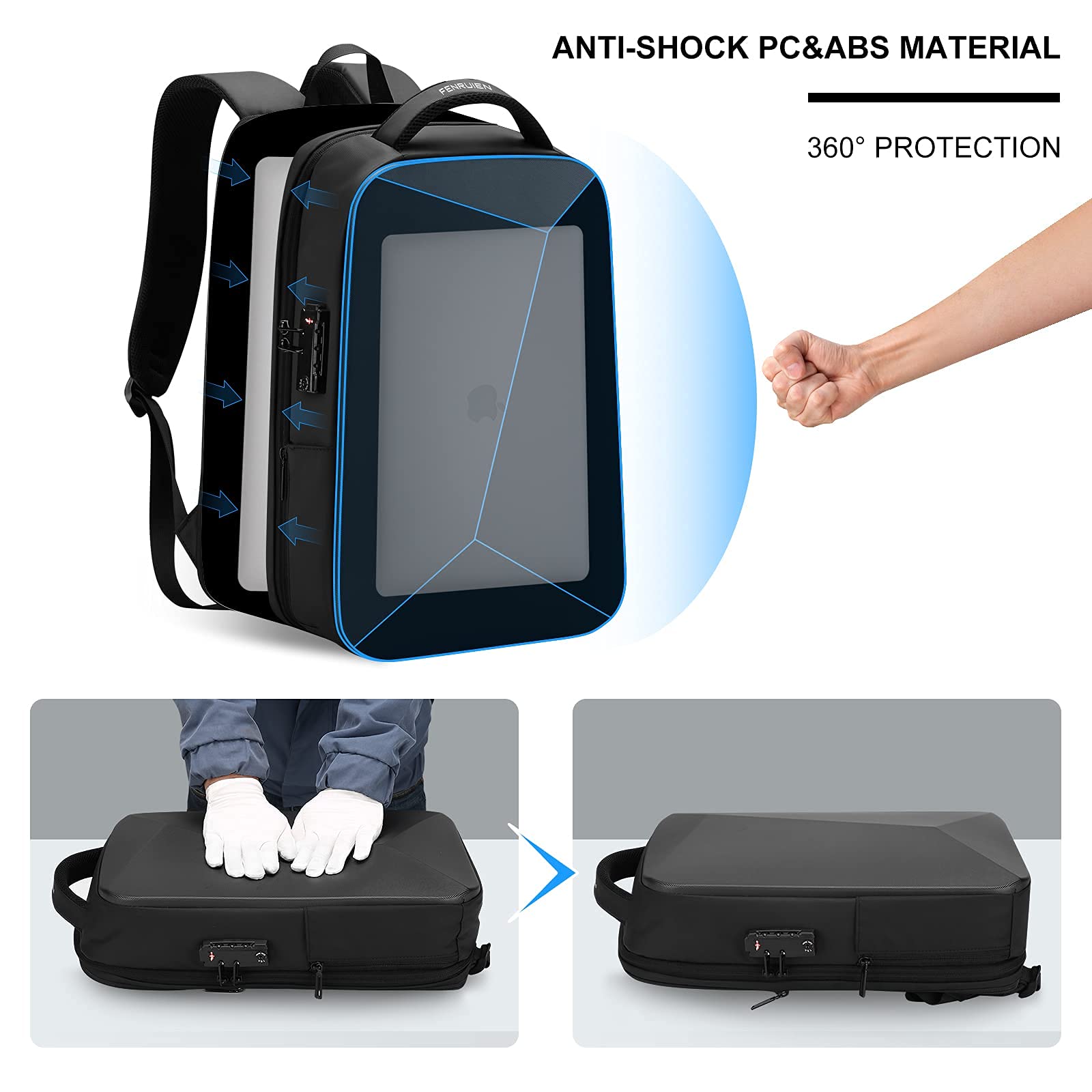 FENRUIEN Anti-Theft Hard Shell Backpack 15.6-Inch,Expandable Slim Business Travel Laptop Backpack for Men,Water Resistant Black Laptop Bag with USB Port
